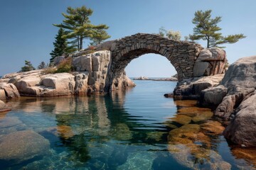 Aufkleber - Beautiful stone arch bridge over calm waters surrounded by rocky shoreline and trees at midday