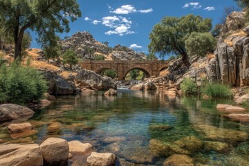 Aufkleber - Scenic river view with a historical stone bridge under a bright sky surrounded by rocky hills and lush vegetation