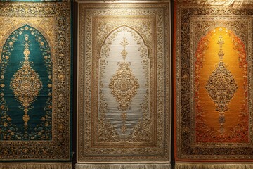 Aufkleber - Colorful traditional rugs displayed in a marketplace showcasing intricate designs and craftsmanship