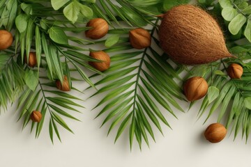 Poster - Decorative arrangement of green leaves and natural elements on a light background creates a serene botanical display