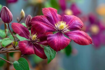 Poster - Colorful clematis flowers bloom in a garden during the early morning hours showcasing vibrant shades of purple and pink