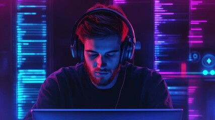 Poster - a person using a laptop with headphones on