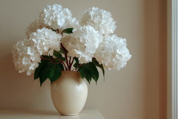 Aufkleber - Beautiful white hydrangeas arranged in a ceramic vase on a light-colored table in a cozy indoor setting