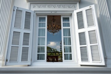 Leinwandbilder - Elegant white windows open wide showcasing a stunning chandelier and lush outdoor landscape at a stylish venue