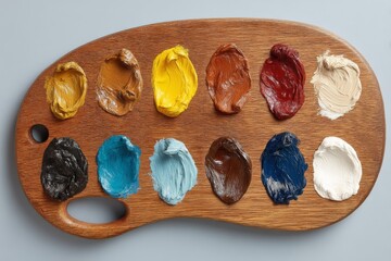 Aufkleber - Vibrant array of paint colors displayed on a wooden palette for artistic projects