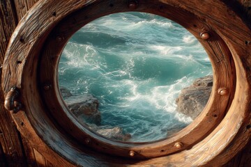 Aufkleber - Waves crash against rocky coastline viewed through a vintage porthole on a sunny day in coastal setting