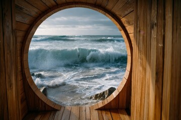 Aufkleber - Waves crashing against rocks viewed through circular wooden structure at the beach during cloudy afternoon