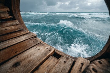 Aufkleber - Waves crashing against a wooden structure by the ocean during overcast weather