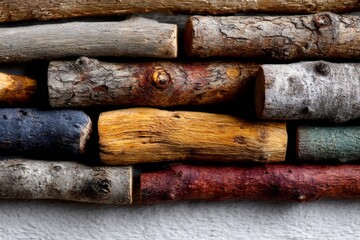 Aufkleber - Natural textures of wooden logs arranged aesthetically on a neutral background for decorative purposes