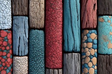 Aufkleber - Colorful wooden textures arranged in a captivating pattern showcasing various hues and finishes in a creative display