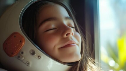 Wall Mural - a young girl wearing a space suit smiles at the camera, perfect for sci-fi or futuristic-themed proj