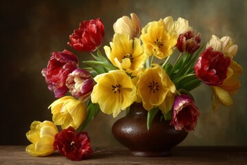 Poster - Bright tulip bouquet arranged in a rustic vase showcases vibrant colors and beauty