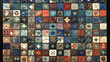 © rizky - A sprawling mosaic of numerous small square tiles, each featuring a unique, intricate pattern in a diverse palette of blues, reds, greens, and browns, creating a rich tapestry of design