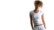 © Justlight - Young female studio model with curly hair posing in a white outfit against a transparent background, showcasing fashion or product placement possibilities