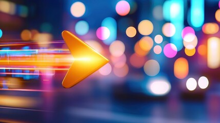 Poster - Golden arrow streaks through a blurry colorful city at night