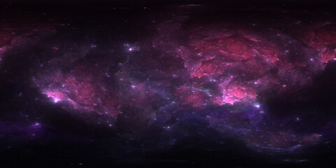 Wall Mural - 360 degree space nebula. Giant interstellar cloud with stars, equirectangular projection, environment map. Spherical panorama. 3D rendering, Fractal image