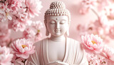 Serene White Buddha Statue Amidst Pink Blossoms: 3D Rendered Image