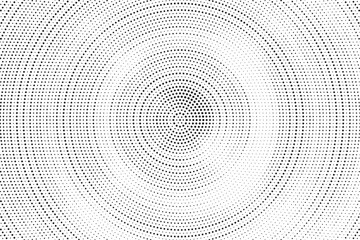 Poster - Radial halftone gradient background. Dotted concentric texture with fading effect. Black and white circle shade wallpaper. Grunge rough vector. Monochrome backdrop