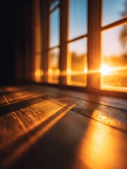 Wall Mural - warm sunlight streaming through a window onto wooden floorboards, creating a serene atmosphere