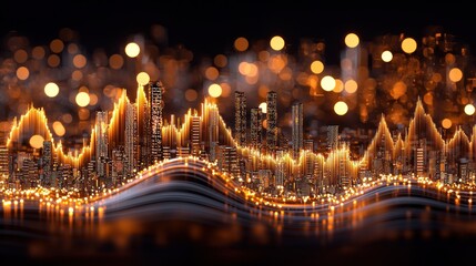 Poster - Golden abstract cityscape with bokeh lights and flowing lines
