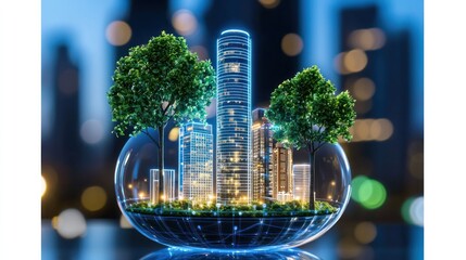 Poster - Modern city skyline and trees inside a glass sphere