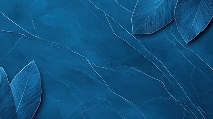 Poster - Elegant blue marble background with textured leaf accents overlaying it