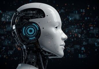 robot side profile surrounded by digital data stream, for technology concepts