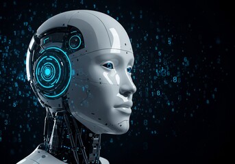futuristic robot's profile on black background with digital elements, for future concept