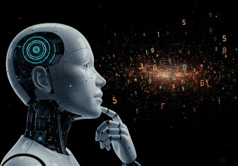 thinking robot with glowing numbers in background for artificial intelligence use