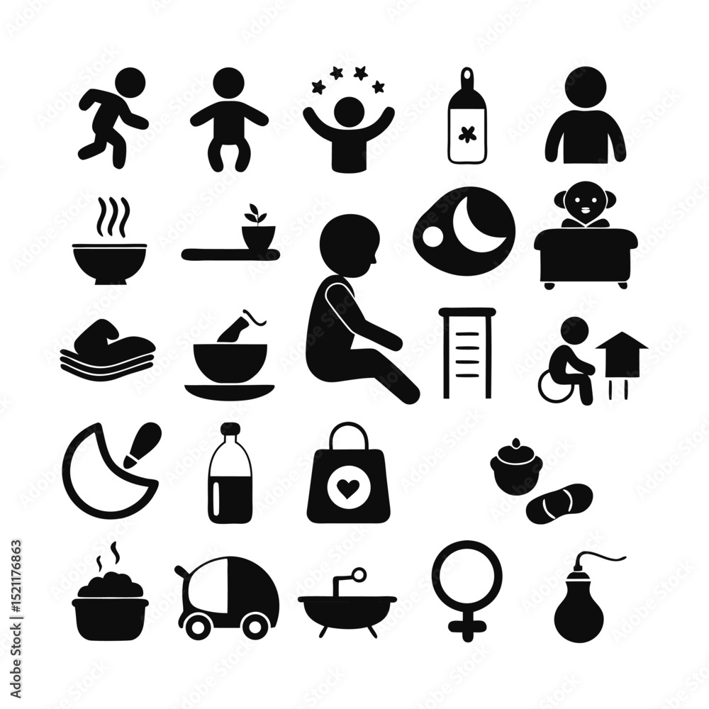 Baby Feeding and Daily Routine Solid Icons – Sitting, Bottles, Bowls ...