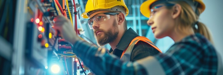 Wall Mural - female electrician and engineer work on an electrical circuit with many cables for communication and data transfer