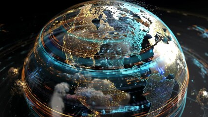Wall Mural - A weather prediction system featuring a big modern globe with statistics and data, network projections on a layered pattern, glowing representation, science and technology