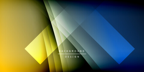 Leinwandbilder - Abstract geometric design. Overlapping squares create dynamic light, shadow effects. Yellow, blue gradients dominate dark background. Modern aesthetic.