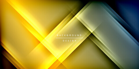 Fototapete - Abstract geometric design. Overlapping layers create dynamic light, shadow effects. Yellow, blue gradients dominate dark background. Modern aesthetic.