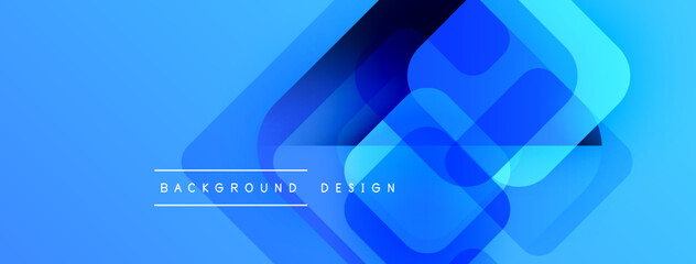 Fototapete - Abstract blue background features overlapping rounded squares. Gradient shades create depth, modern design element. Text reads background design.