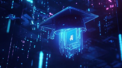 Leinwandbilder - Glowing AI microchip with graduation cap in digital space