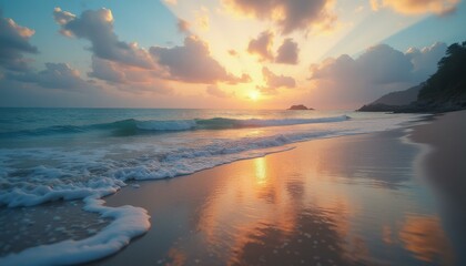 Poster - Serene ocean waves at tropical beach during sunset