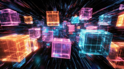 Poster - Numerous glowing cubes in abstract digital space