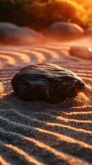 Poster - Rock resting on sand in peaceful garden during sunset