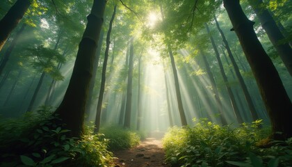 Poster - Sunlight Streaming Through Trees on Serene Forest Path