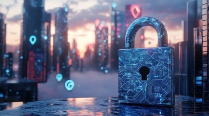 Poster - Futuristic padlock on circuit board design in sunset cityscape
