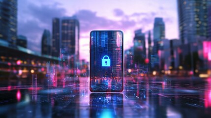 Aufkleber - Smartphone displaying padlock icon in futuristic urban night