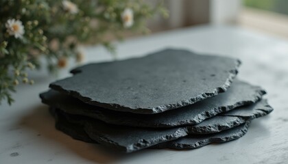 Poster - Stack of slate coasters on table indoors, serene minimalist setting