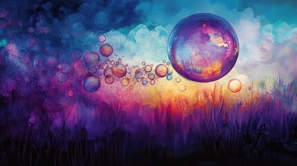 Aufkleber - Colorful bubbles floating over a dreamy grass field