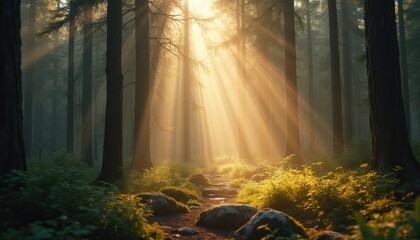 Poster - Serene forest path with sunbeams filtering through trees