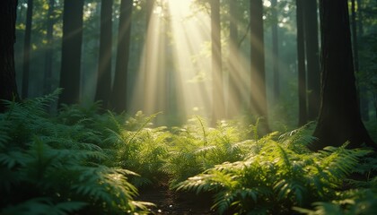 Aufkleber - Sunlit ferns in a serene forest, daytime magic