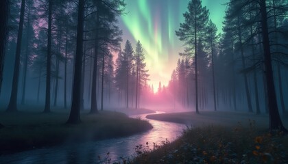 Poster - Misty forest with tall coniferous trees and aurora borealis