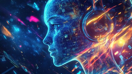 Poster - Young Asian woman with headphones in abstract digital space at night