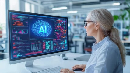 Wall Mural - Tech-Savvy Woman: A focused woman, engrossed in the intricate world of artificial intelligence, thoughtfully examines a computer screen illuminating complex data displays. 