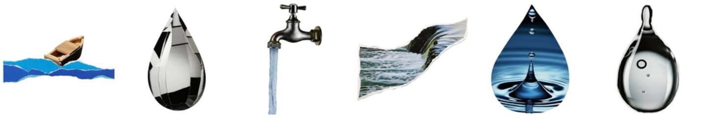 Wall Mural - PNG collage of aquatic elements showcases water droplets a boat and a faucet.